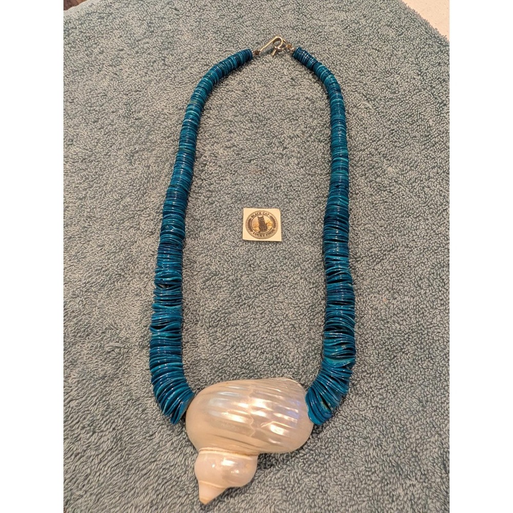Vintage Blue Heishi Bead Necklace Iridescent Shell Pendant Coastal Boho
